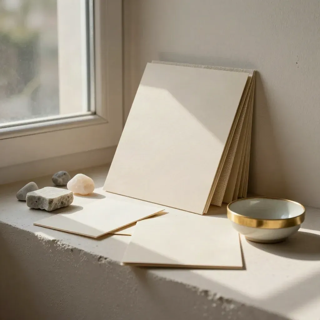 Brand-positioning moodboard on a plaster ledge with cards, stone chips, folio and ceramic bowl.