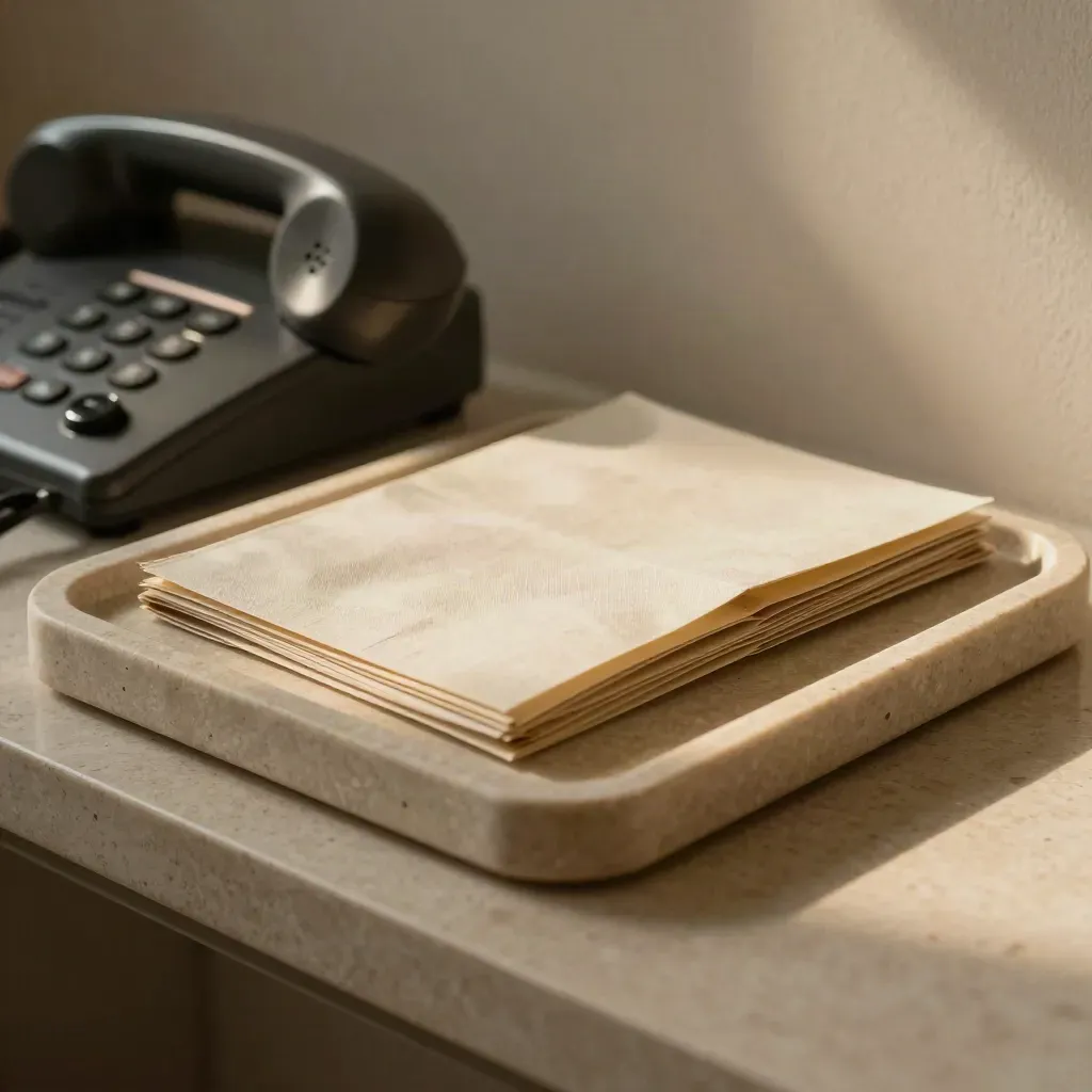 Extreme macro of a clinic consultation corner with handset base, stone tray, folders and folded packet.