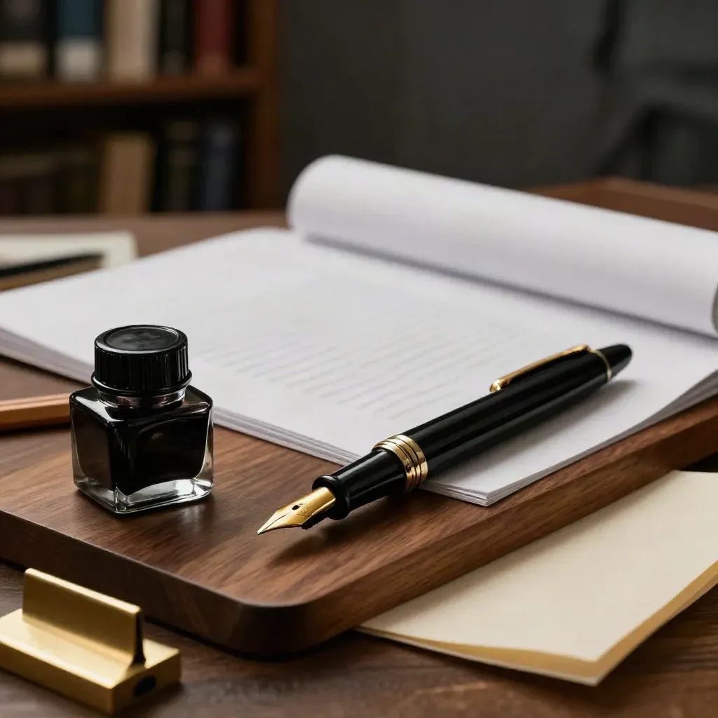Copy-editing tools on walnut surface: fountain pen, ink bottle, pencil, and proof sheets