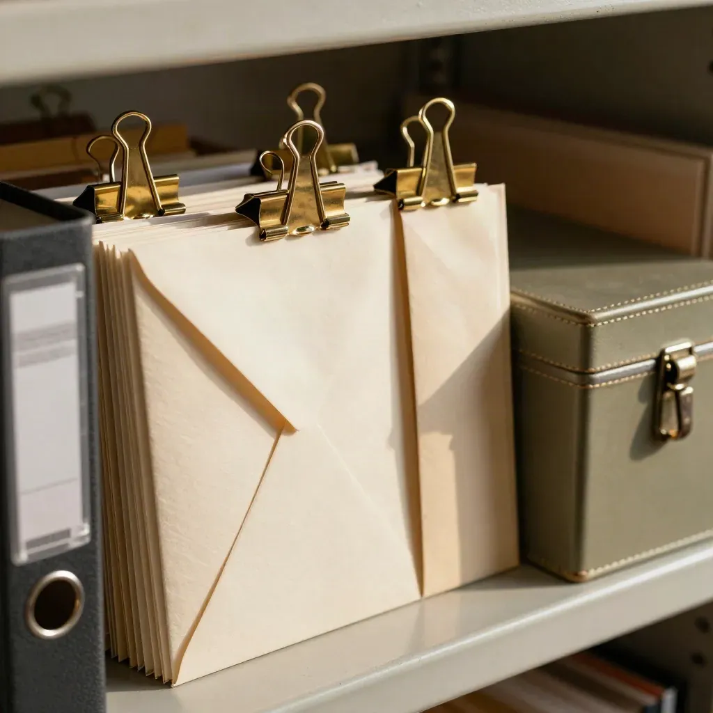 Brass clips, cream return envelopes and a dusty-olive file box on a steel archive shelf.