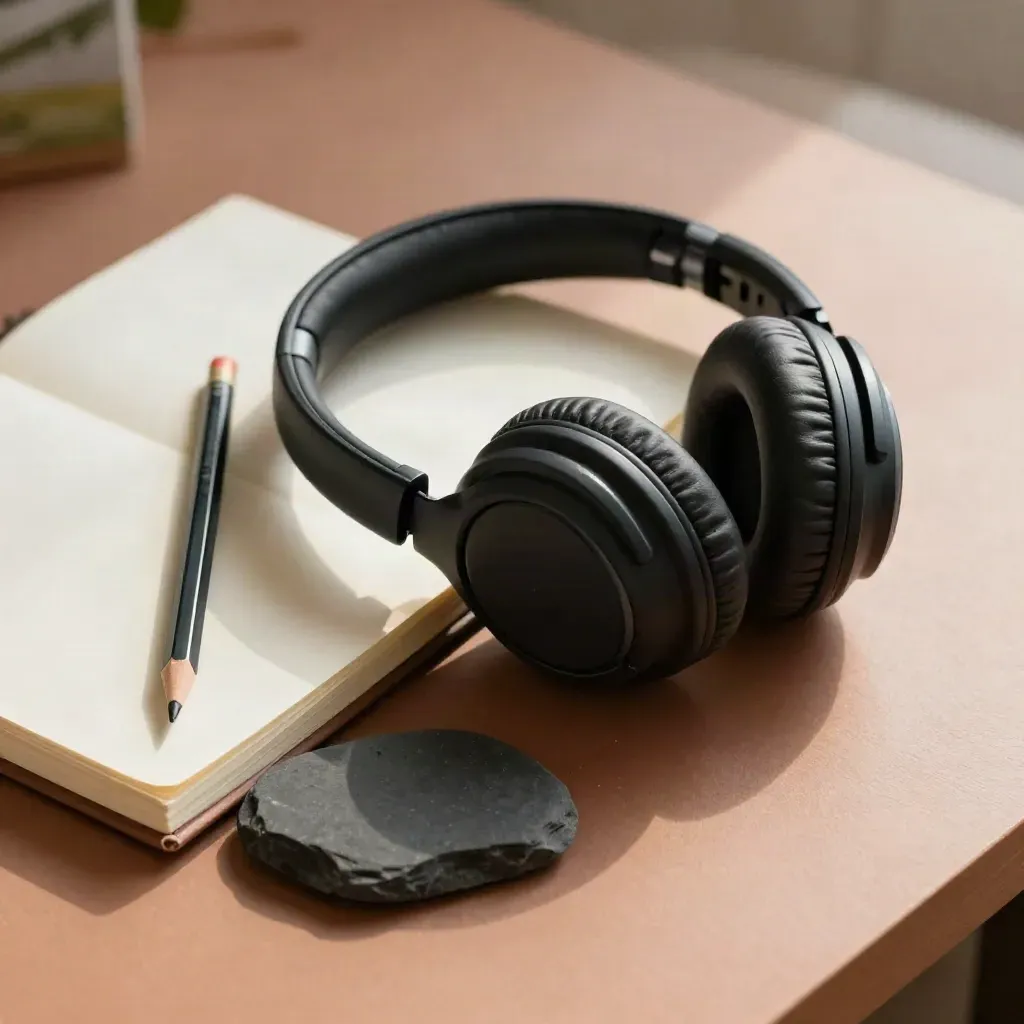Closed headphones, face-down notebook, stone and pencil on pale terracotta plaster in soft side light.