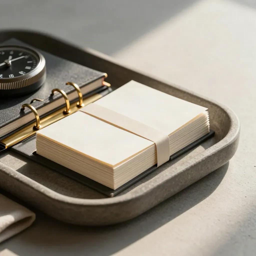 Brass clips, binder, timer and revision cards on a stone tray
