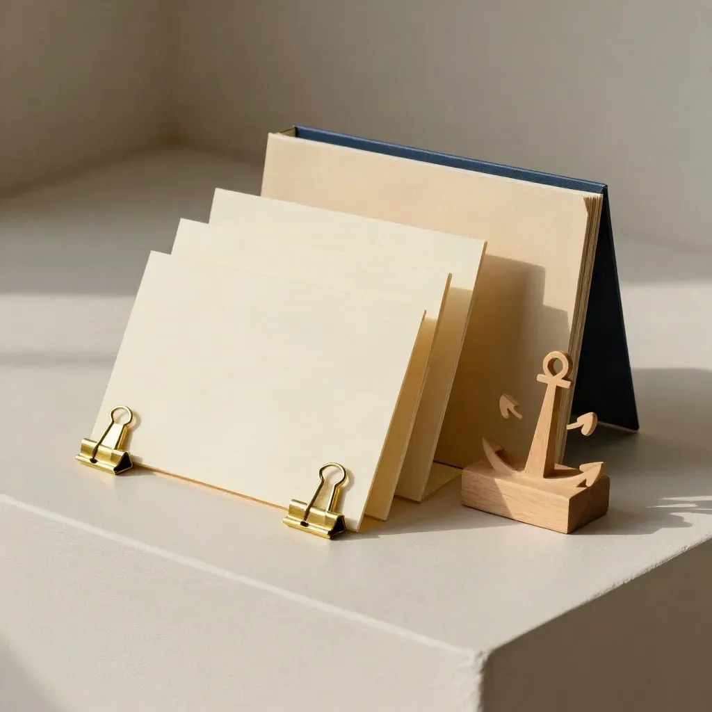 Cream planning cards, brass clips, an accordion folder and oak block on a plaster plinth.